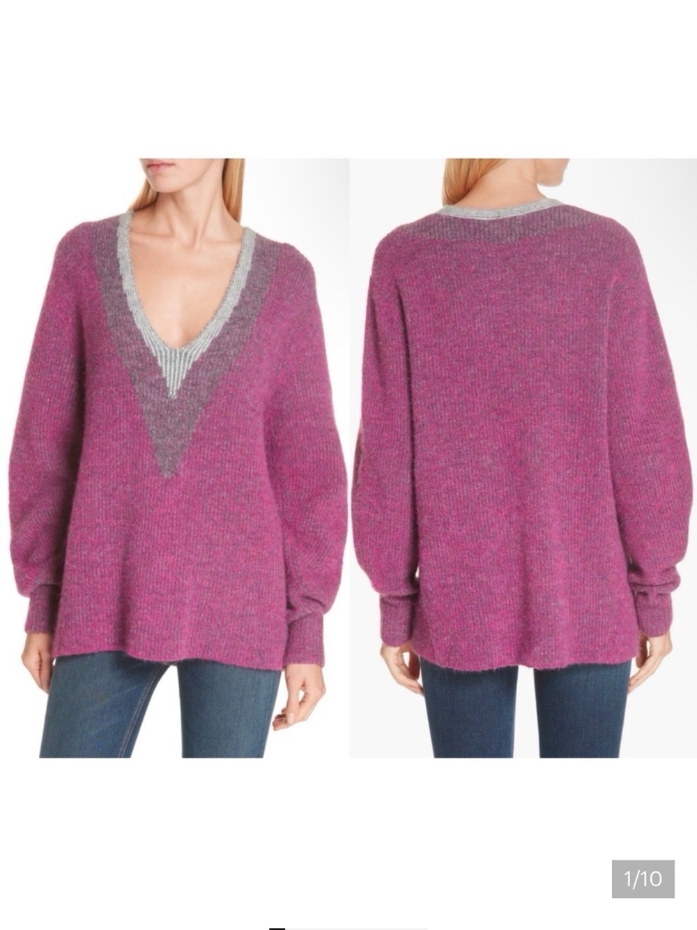 rag & bone Magenta V-Neck Sweater with Gray Trim